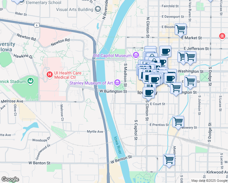 map of restaurants, bars, coffee shops, grocery stores, and more near Front Street in Iowa City