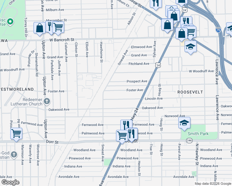 map of restaurants, bars, coffee shops, grocery stores, and more near 1429 Foster Ave in Toledo