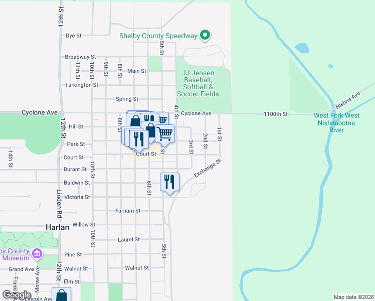 map of restaurants, bars, coffee shops, grocery stores, and more near 304 Court Street in Harlan