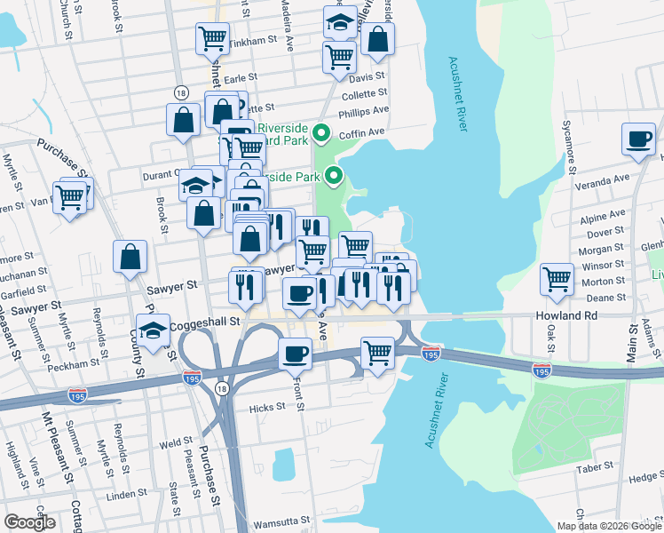 map of restaurants, bars, coffee shops, grocery stores, and more near 55 Mitchell Street in New Bedford