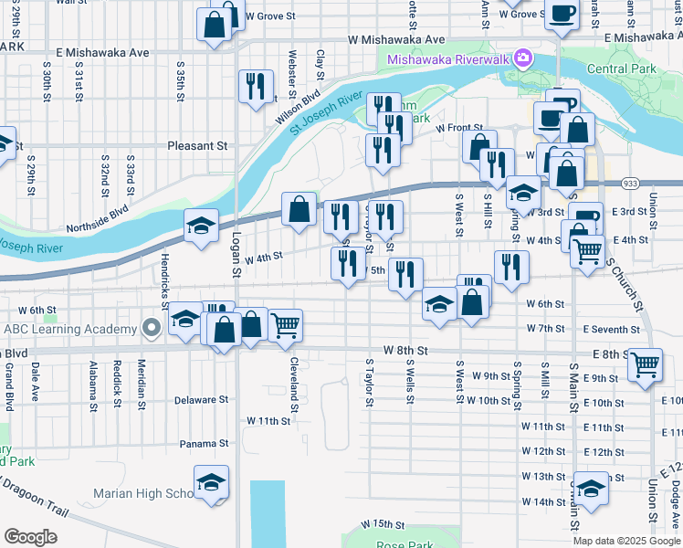 map of restaurants, bars, coffee shops, grocery stores, and more near 335 Smith Street in Mishawaka