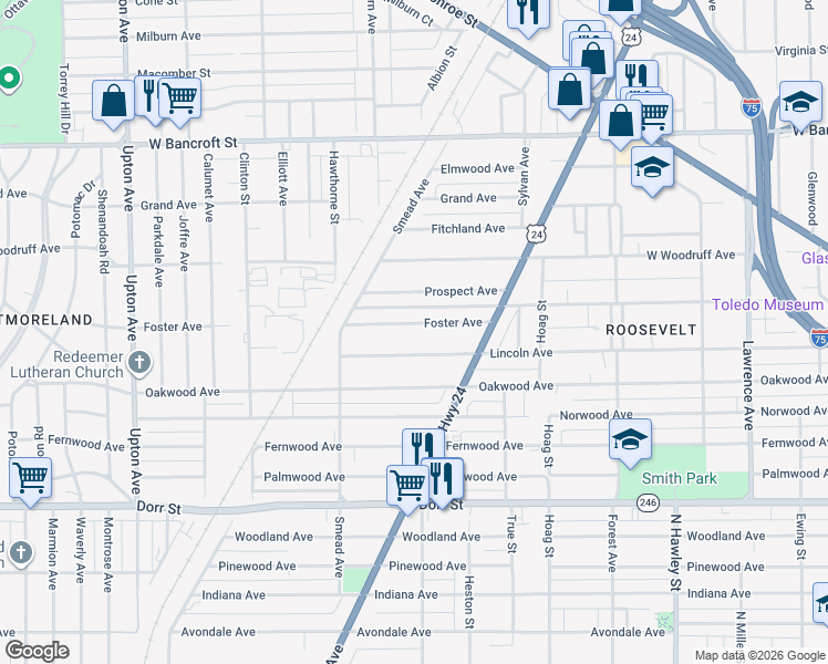 map of restaurants, bars, coffee shops, grocery stores, and more near 1351 Foster Avenue in Toledo