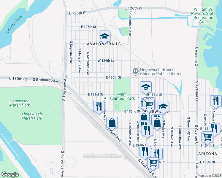 map of restaurants, bars, coffee shops, grocery stores, and more near 13036 South Exchange Avenue in Chicago