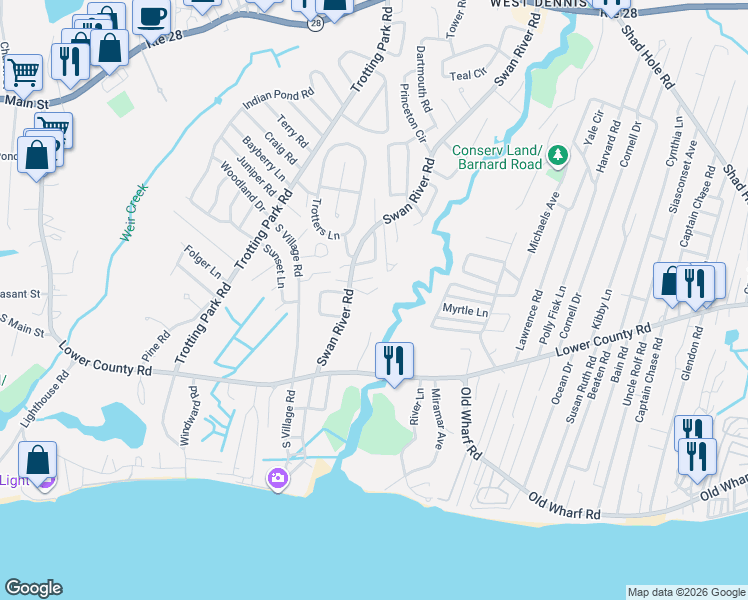 map of restaurants, bars, coffee shops, grocery stores, and more near 38 Swan River Road in Dennis