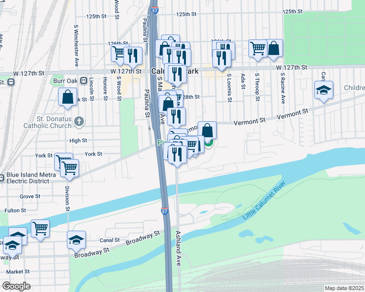 map of restaurants, bars, coffee shops, grocery stores, and more near 12901 South Ashland Avenue in Calumet Park