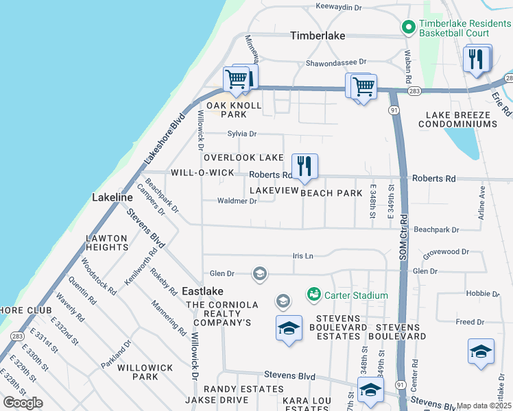 map of restaurants, bars, coffee shops, grocery stores, and more near 34186 Waldmer Drive in Eastlake