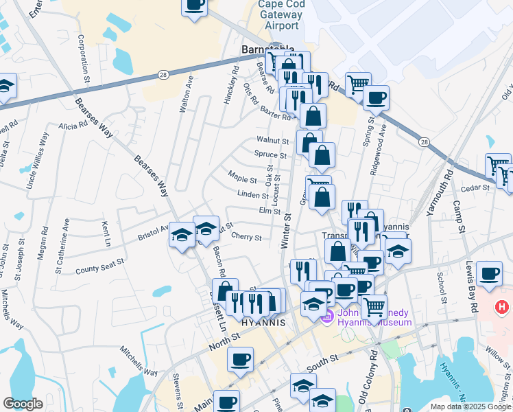 map of restaurants, bars, coffee shops, grocery stores, and more near 52 Elm Street in Barnstable