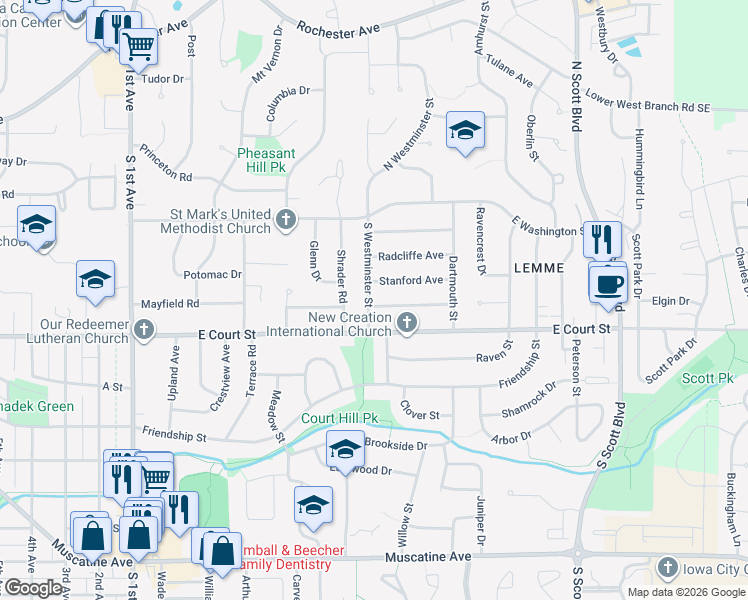 map of restaurants, bars, coffee shops, grocery stores, and more near 2904 Cornell Avenue in Iowa City