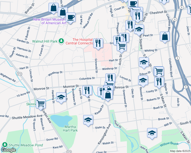 map of restaurants, bars, coffee shops, grocery stores, and more near 95 Columbia Street in New Britain