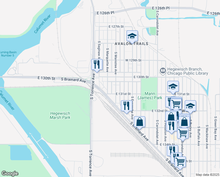 map of restaurants, bars, coffee shops, grocery stores, and more near 13041 S Marquette Ave in Chicago