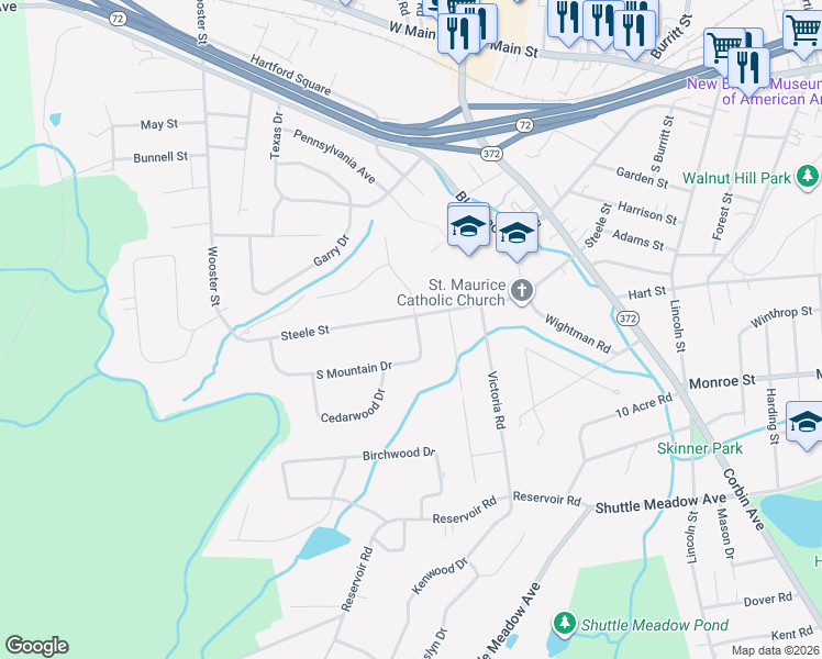 map of restaurants, bars, coffee shops, grocery stores, and more near 9 S Mountain Dr in New Britain