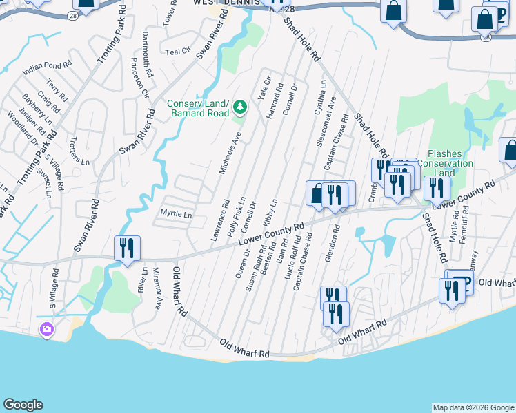 map of restaurants, bars, coffee shops, grocery stores, and more near 32 Cornell Drive in Dennis