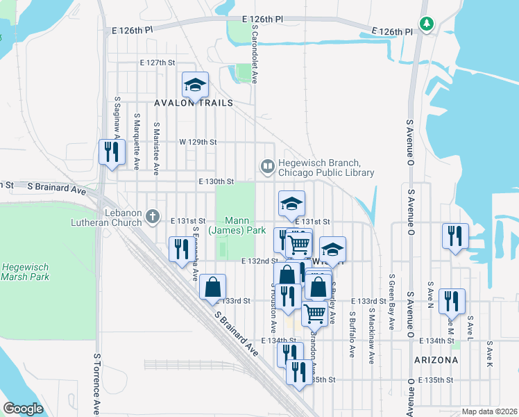 map of restaurants, bars, coffee shops, grocery stores, and more near 13043 South Carondolet Avenue in Chicago