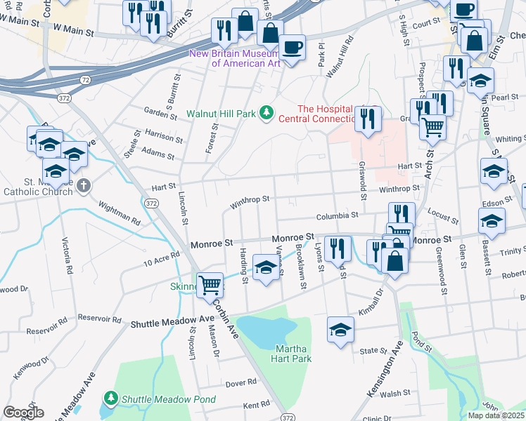 map of restaurants, bars, coffee shops, grocery stores, and more near 18 Brady Avenue in New Britain