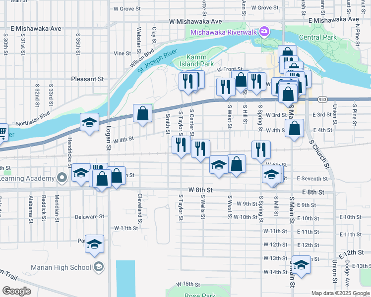 map of restaurants, bars, coffee shops, grocery stores, and more near 711 West 5th Street in Mishawaka