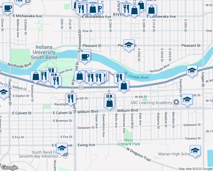 map of restaurants, bars, coffee shops, grocery stores, and more near 2508 Lincolnway West in Mishawaka
