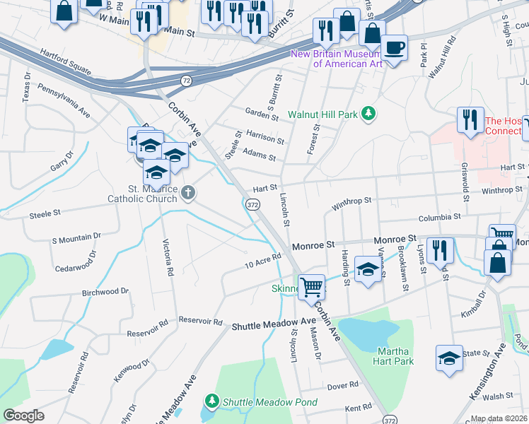 map of restaurants, bars, coffee shops, grocery stores, and more near 771 Corbin Avenue in New Britain