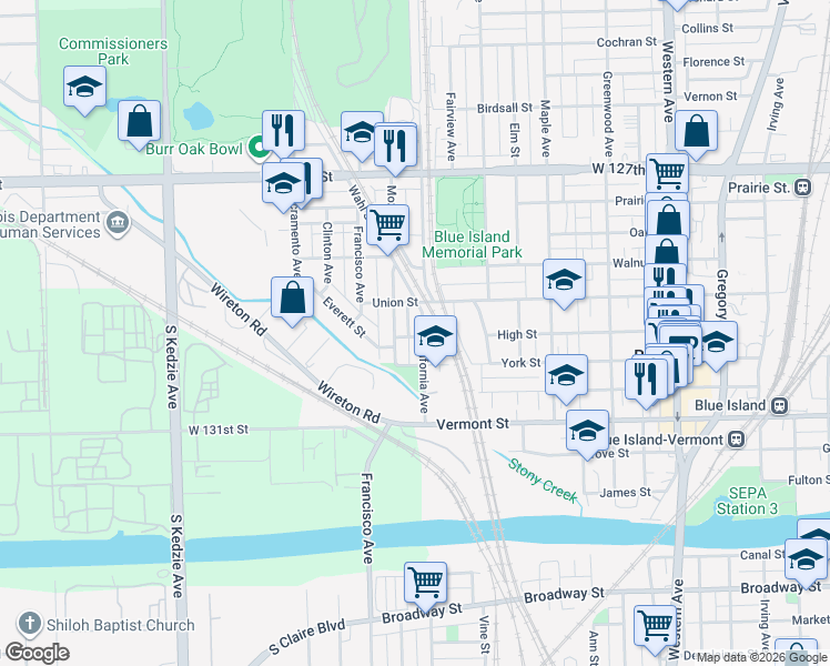 map of restaurants, bars, coffee shops, grocery stores, and more near 12930 California Avenue in Blue Island