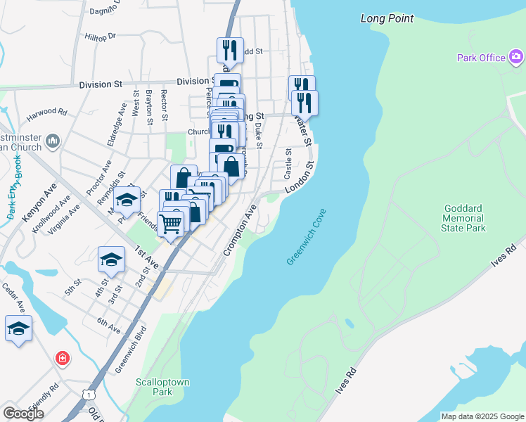 map of restaurants, bars, coffee shops, grocery stores, and more near 20 Crompton Avenue in East Greenwich