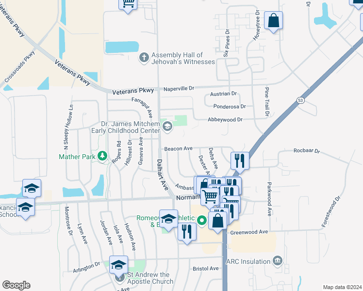 map of restaurants, bars, coffee shops, grocery stores, and more near 48 Beacon Avenue in Romeoville