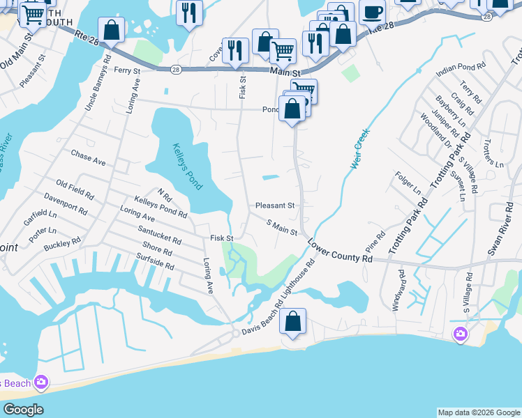 map of restaurants, bars, coffee shops, grocery stores, and more near 7 Pleasant Street in Dennis