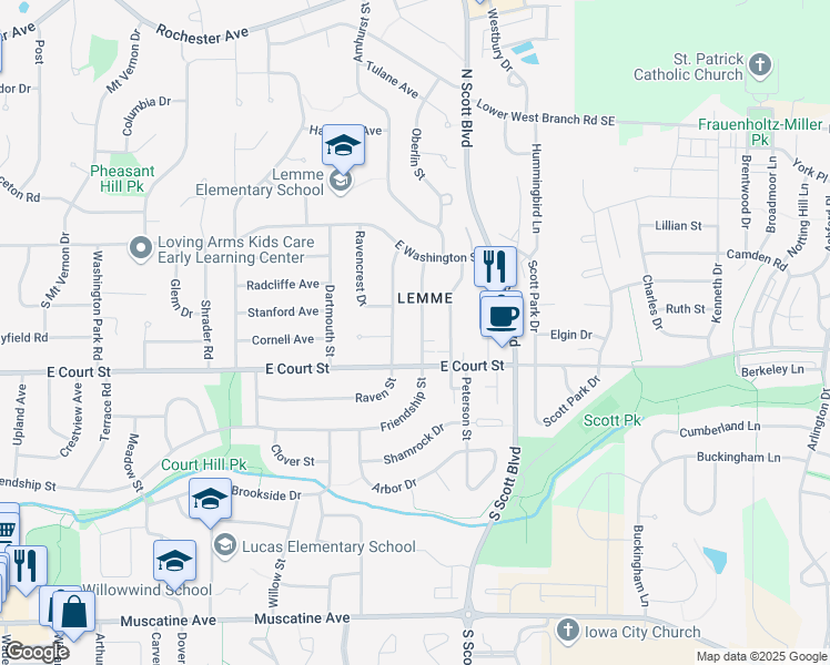 map of restaurants, bars, coffee shops, grocery stores, and more near 319 Friendship Street in Iowa City
