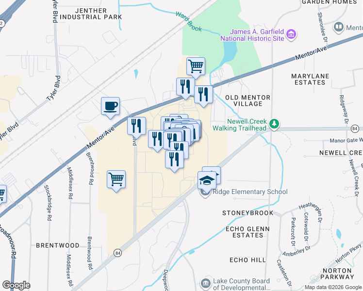map of restaurants, bars, coffee shops, grocery stores, and more near 7850 Mentor Avenue in Mentor