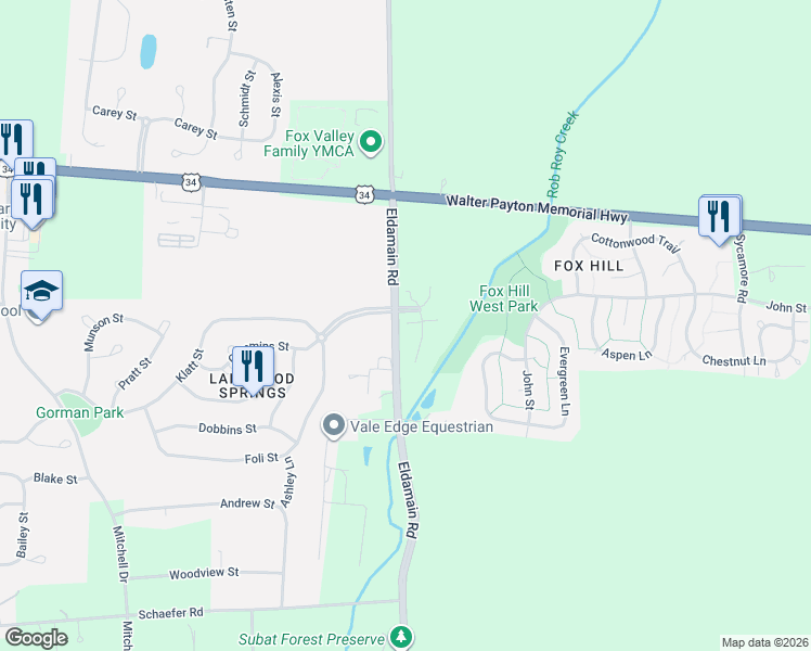 map of restaurants, bars, coffee shops, grocery stores, and more near 1385 Carolyn Court in Yorkville