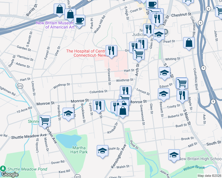 map of restaurants, bars, coffee shops, grocery stores, and more near 95 Columbia Street in New Britain