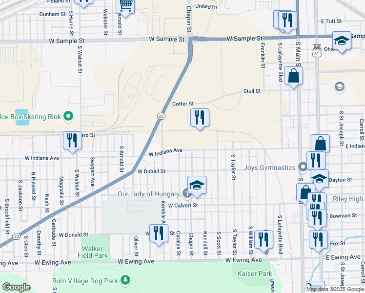 map of restaurants, bars, coffee shops, grocery stores, and more near 817 West Indiana Avenue in South Bend