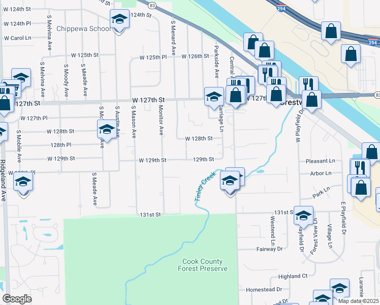 map of restaurants, bars, coffee shops, grocery stores, and more near 12817 Hill Drive in Crestwood