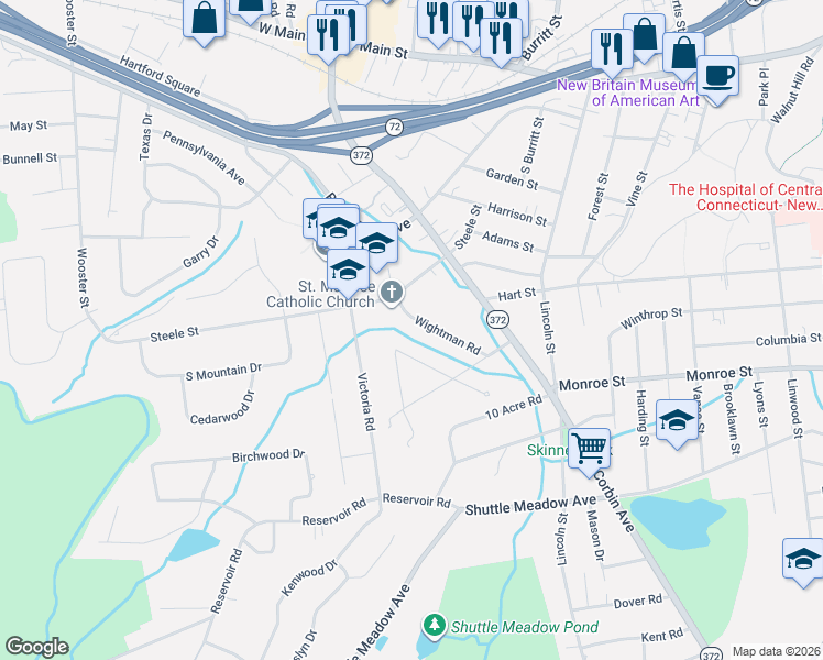 map of restaurants, bars, coffee shops, grocery stores, and more near 80 Wightman Rd in New Britain