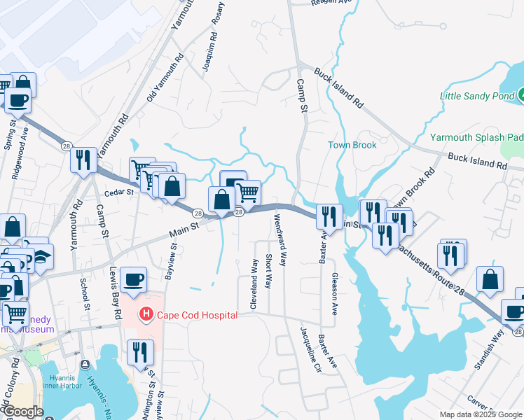 map of restaurants, bars, coffee shops, grocery stores, and more near 69 Main Street in Yarmouth