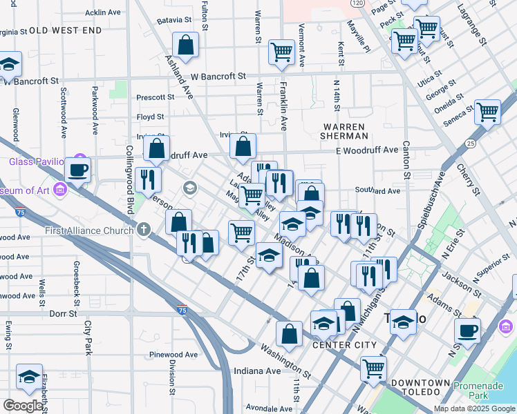 map of restaurants, bars, coffee shops, grocery stores, and more near 321 18th Street in Toledo