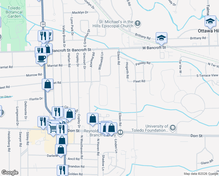 map of restaurants, bars, coffee shops, grocery stores, and more near 1908 Bobolink Ln in Toledo