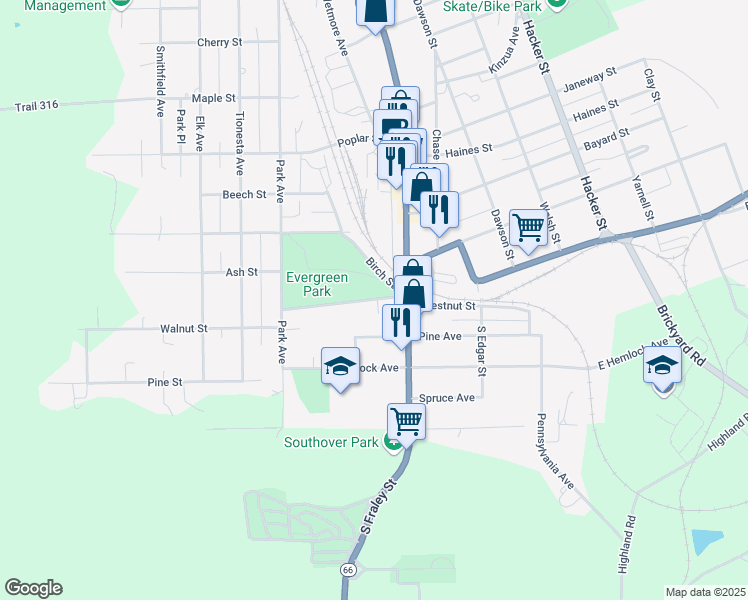 map of restaurants, bars, coffee shops, grocery stores, and more near 226 Chestnut Street in Kane