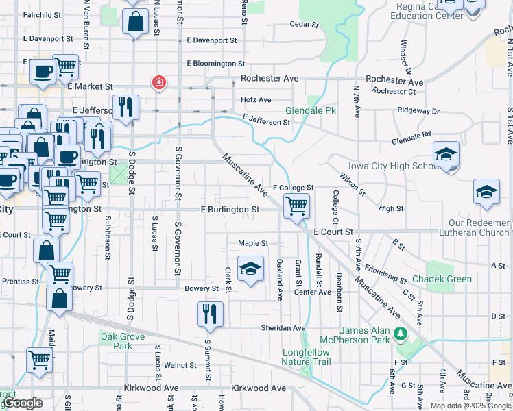 map of restaurants, bars, coffee shops, grocery stores, and more near 1204 East Burlington Street in Iowa City