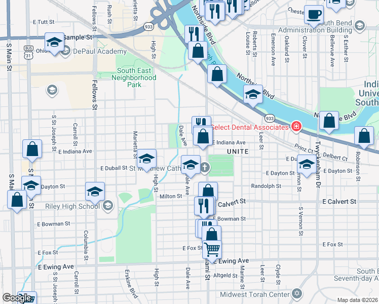 map of restaurants, bars, coffee shops, grocery stores, and more near 1002 Avenue in South Bend