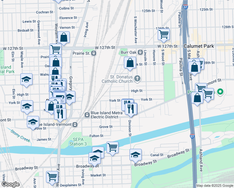 map of restaurants, bars, coffee shops, grocery stores, and more near 2041 High Street in Blue Island