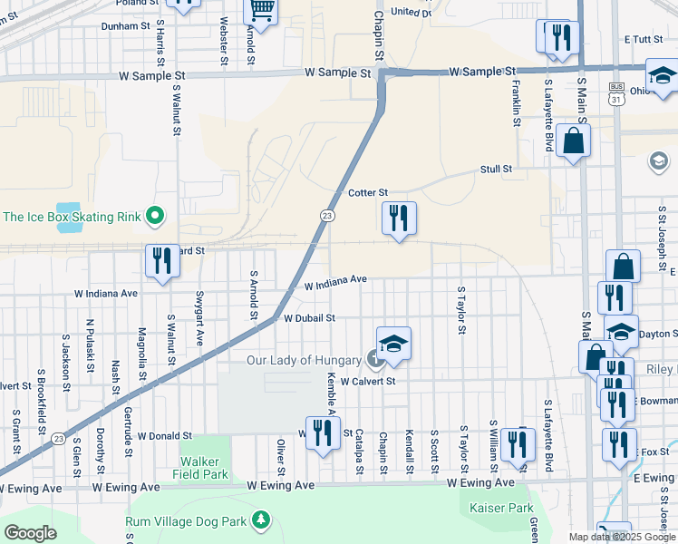 map of restaurants, bars, coffee shops, grocery stores, and more near 1528 Kemble Avenue in South Bend