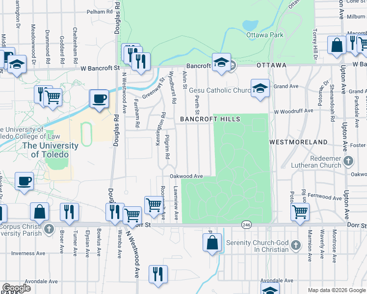 map of restaurants, bars, coffee shops, grocery stores, and more near 1829 Alvin Street in Toledo