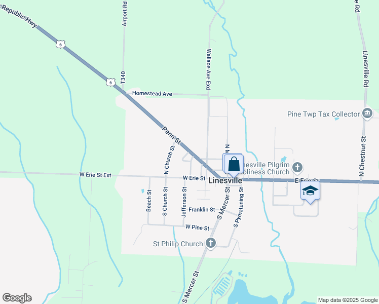 map of restaurants, bars, coffee shops, grocery stores, and more near 412 Penn Street in Linesville