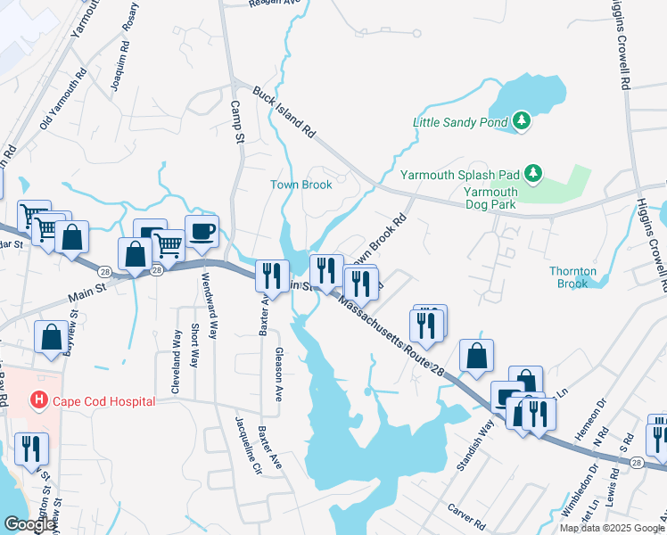 map of restaurants, bars, coffee shops, grocery stores, and more near 164 Massachusetts 28 in Yarmouth