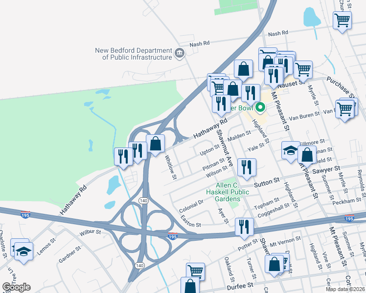 map of restaurants, bars, coffee shops, grocery stores, and more near 84 Liberia Lane in New Bedford