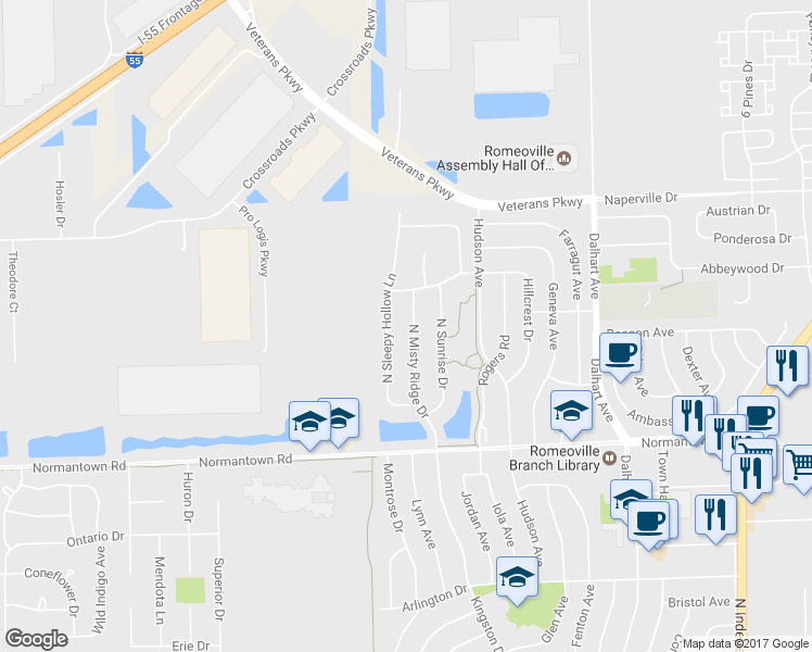 map of restaurants, bars, coffee shops, grocery stores, and more near 742 North Misty Ridge Drive in Romeoville