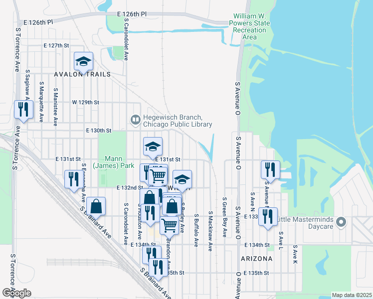 map of restaurants, bars, coffee shops, grocery stores, and more near 13039 South Burley Avenue in Chicago