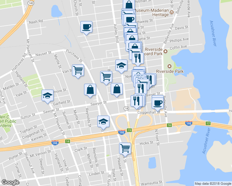 map of restaurants, bars, coffee shops, grocery stores, and more near 140 Holly Street in New Bedford