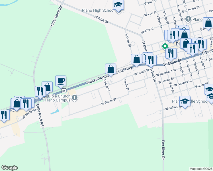 map of restaurants, bars, coffee shops, grocery stores, and more near 198 Pence Street in Plano