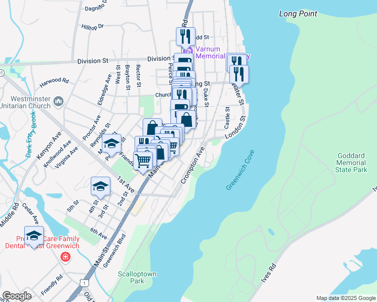map of restaurants, bars, coffee shops, grocery stores, and more near 194 Marlborough Street in East Greenwich