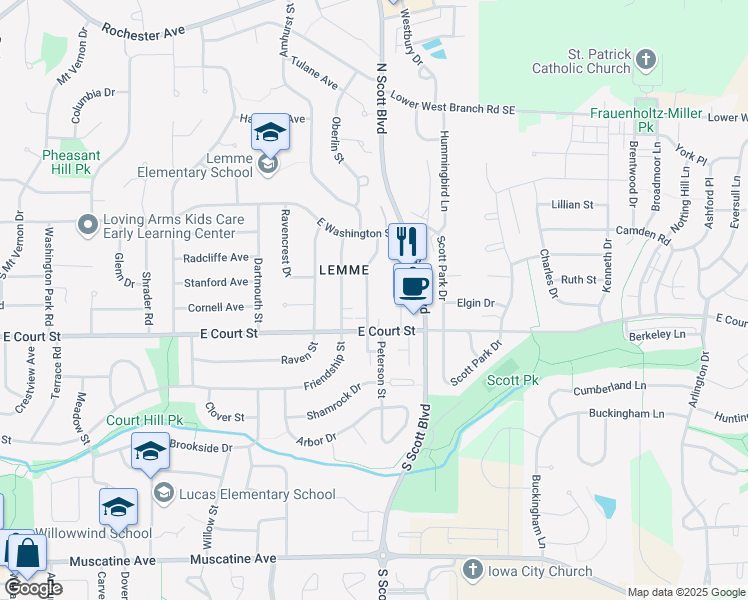 map of restaurants, bars, coffee shops, grocery stores, and more near 260 Cayman Street in Iowa City